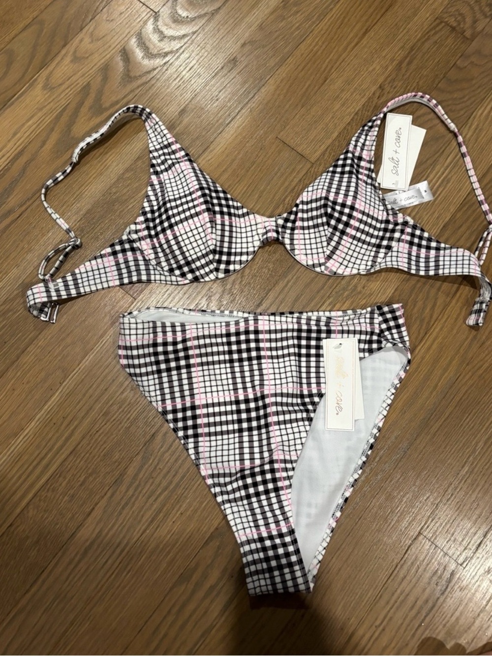 Salt + Cove Pink, Black & White Plaid Underwire Bikini
